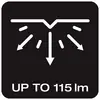 Symbool van een driestralige lichtverspreiding, daaronder tekst 'tot 115 lm'.