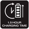 Pictogram van een batterij met pijlen, geeft een laadtijd van 1,5 uur aan.