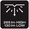 Symbool voor een tweefasige lichtintensiteit: bovenaan '265 lm HOOG', onderaan '130 lm LAAG', met pijlen die lichtstralen voorstellen.