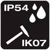 Zwart symbool toont 'IP54' en 'IK07'. Het symboliseert bescherming tegen stof en spatwater, evenals slagvastheid.