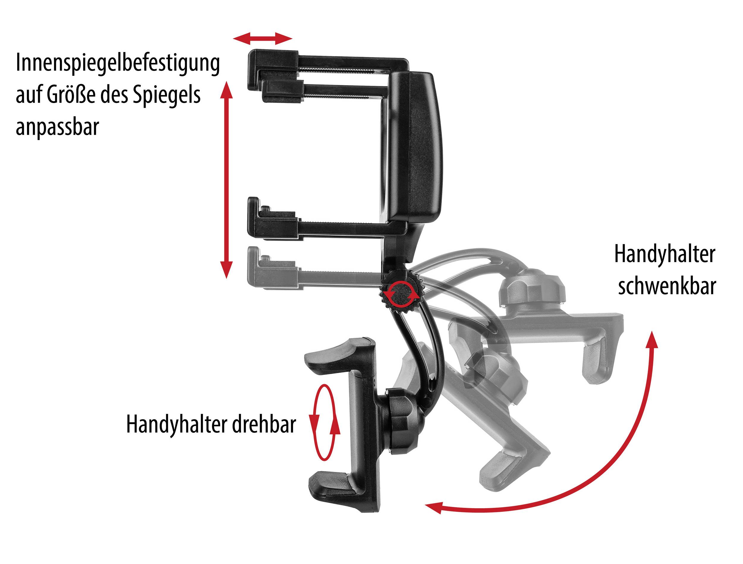 Telefoonhouder die aan de binnenspiegel wordt bevestigd; draaibaar en kantelbaar. Aanpasbaar aan de spiegelgrootte.