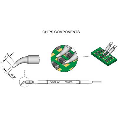 'Diagram toont soldeerpunt met afmetingen. Close-up toont contact met chipcomponent op groene printplaat. Gelabeld als C120-004.'