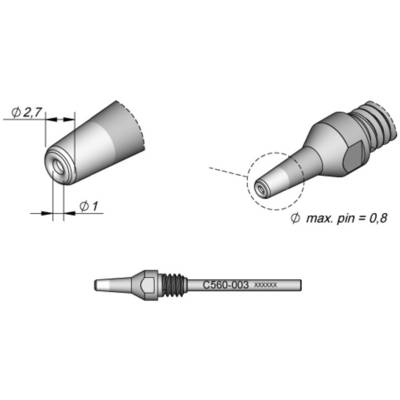 Technische tekening van een pen, toont gedetailleerde afmetingen: diameter 2,7 en 1, pin max. 0,8. Markering 'C560-003 xxxxxx'.