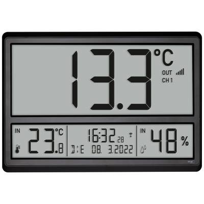 Digitale thermometer toont buitentemperatuur 13,3°C, binnentemperatuur 23°C, tijd 16:32 uur en luchtvochtigheid 48%.