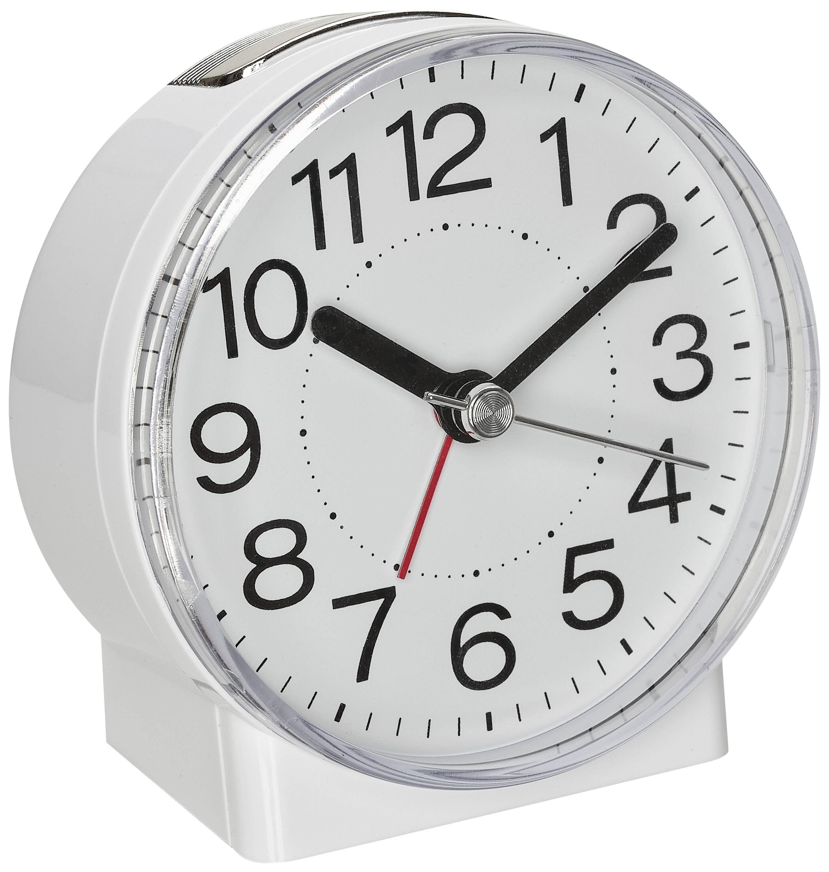 Analoge klok met een wit wijzerblad, grote zwarte cijfers en twee zwarte wijzers die 10:09 uur aangeeft.
