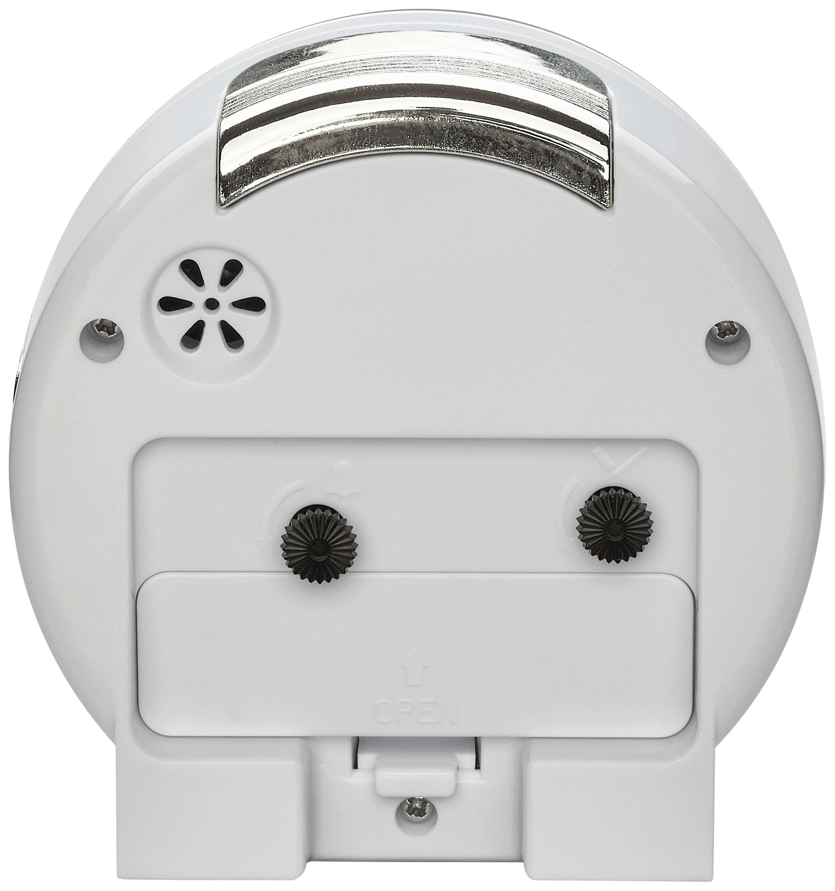 Achteraanzicht van een wit, batterijgevoed apparaat met draaiknoppen en luidsprekergat.