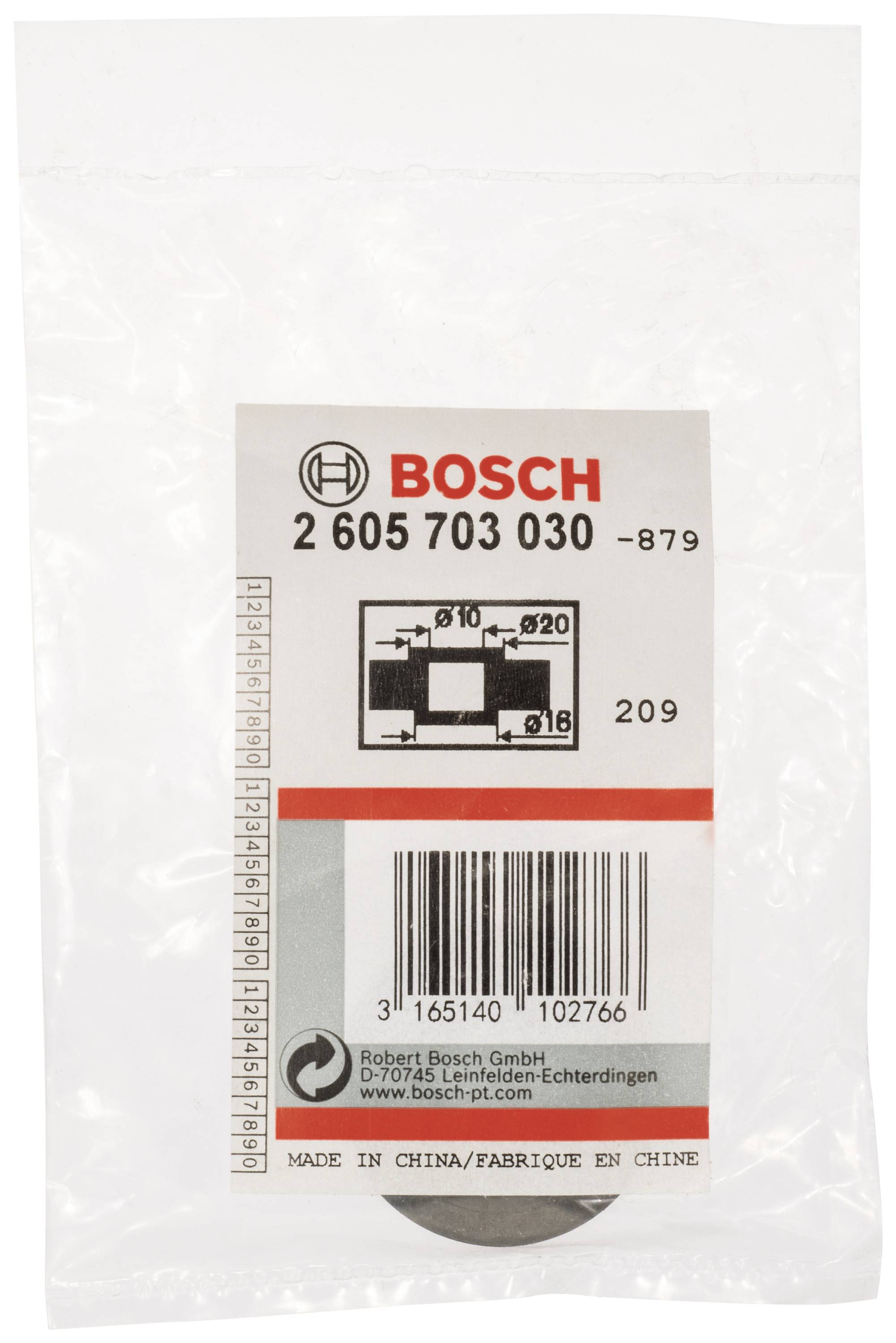 Kunststof verpakking met Bosch-logo, productnummer 2 605 703 030. Bevat metalen schijf. Opschrift 'MADE IN CHINA'.