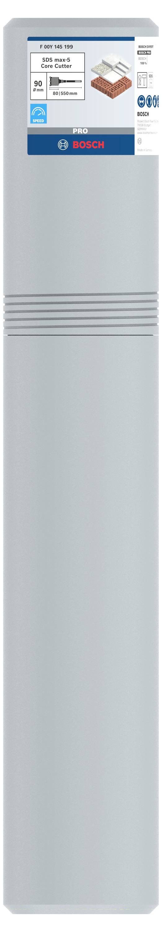 Grijze rechthoekige ventilatiekast met Bosch-logo en technisch etiket bovenaan, productafbeelding op het etiket.