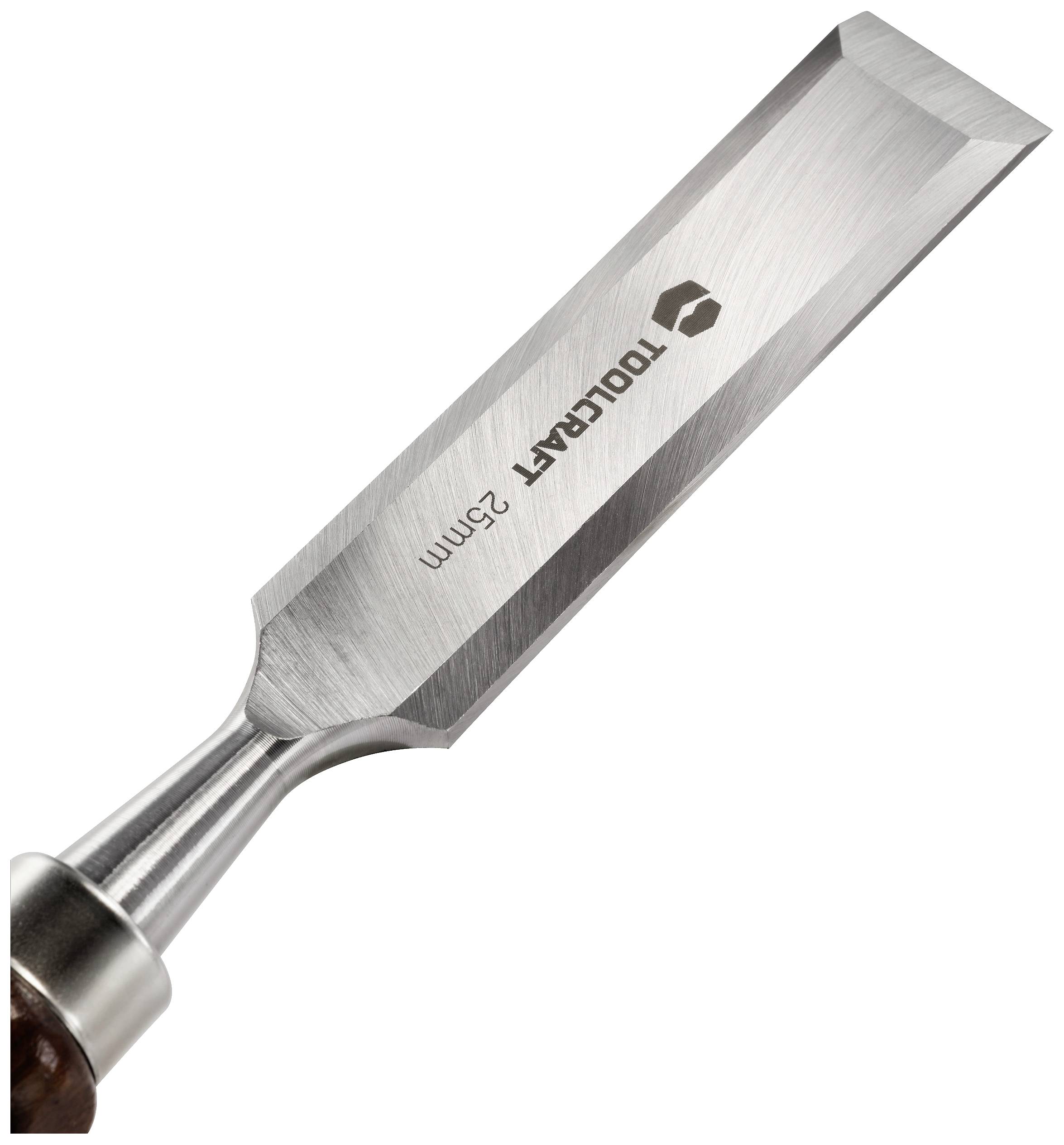 Metalen beitel met houten handvat, met opschrift 'TOOLCRAFT 25mm'. Geschikt voor nauwkeurige houtbewerkingen.