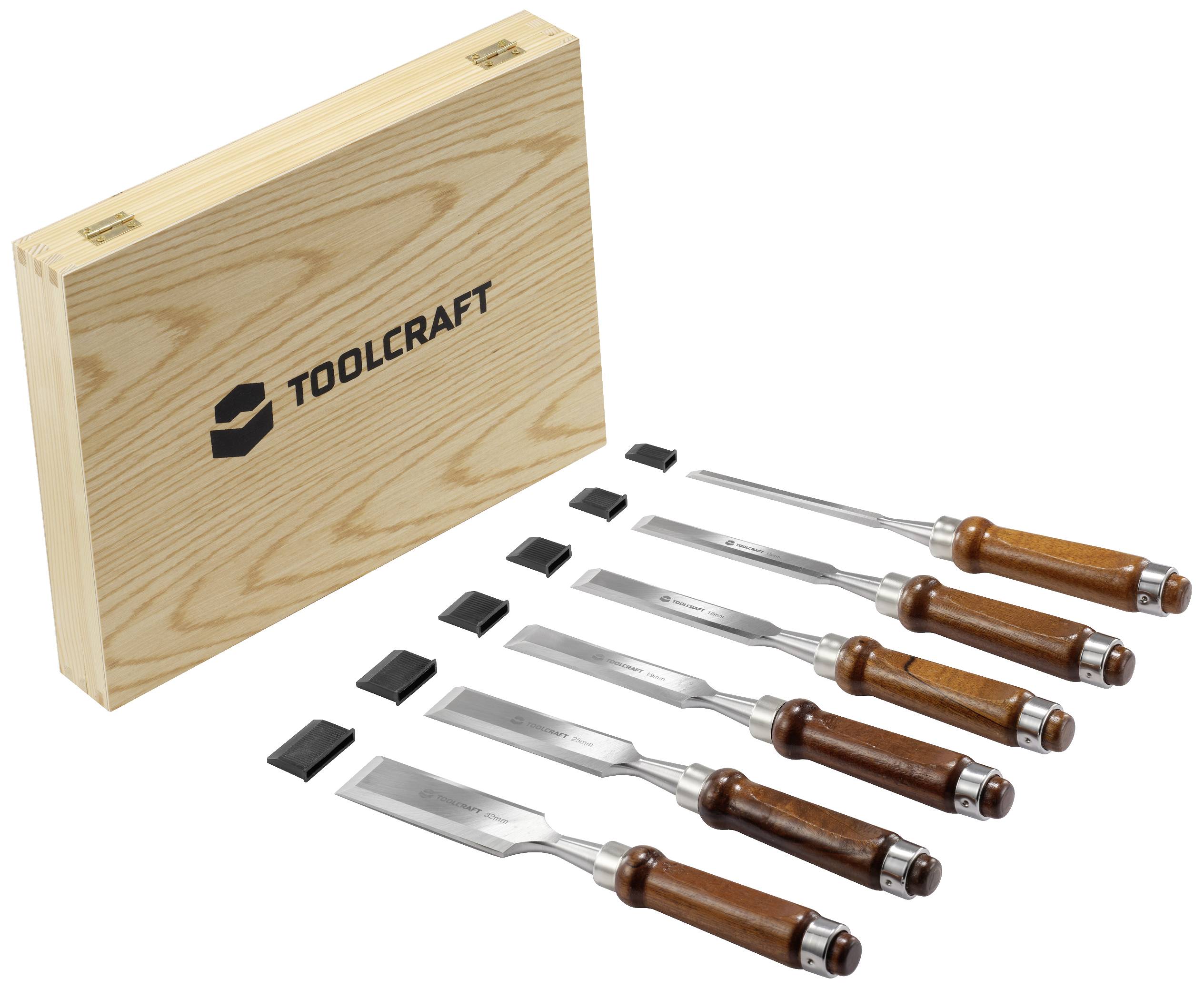 Gereedschapskist van TOOLCRAFT met zes houten beitels in verschillende formaten en met houten handvatten, naast de gesloten houten kist.