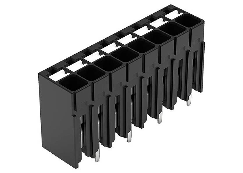 Rechthoekige, zwarte kunststof connector met meerdere parallelle aansluitpunten en metalen contacten, bedoeld voor elektrische verbinding.