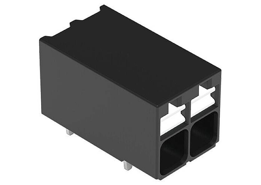 Een zwarte rechthoekige elektronische connector met twee witte aansluitingen, ontworpen voor montage op een printplaat.