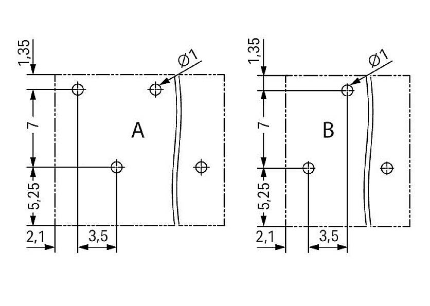 Technische tekening met twee rechthoekige objecten A en B. Beide bevatten boringen en afmetingen: 1,35, Ø1, 7, 5,25, 2,1, 3,5.