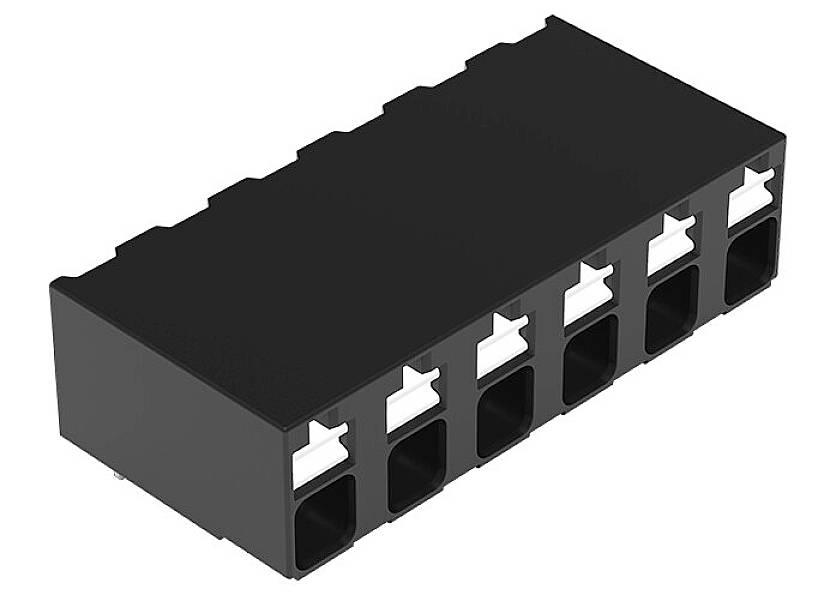 Een zwarte, rechthoekige elektronische stekkerverbinding met zes witte aansluitingen op een rij.