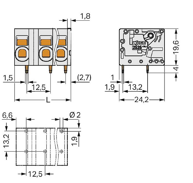 Technische tekening van een elektrische stekkerverbinding met afmetingen in millimeters. Vooraanzicht toont twee aansluitplaatsen, zij- en onderaanzicht met maatopgaven.
