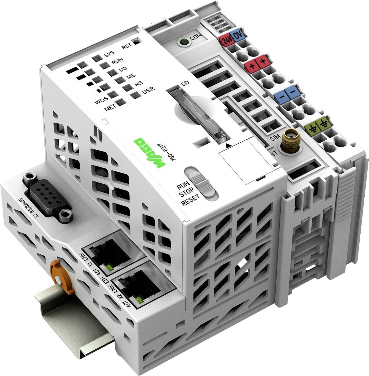 Een grijs, modulair industrieel besturingsapparaat met meerdere in- en uitgangen evenals Ethernet- en seriële aansluitingen, gemarkeerd met 'WAGO'.