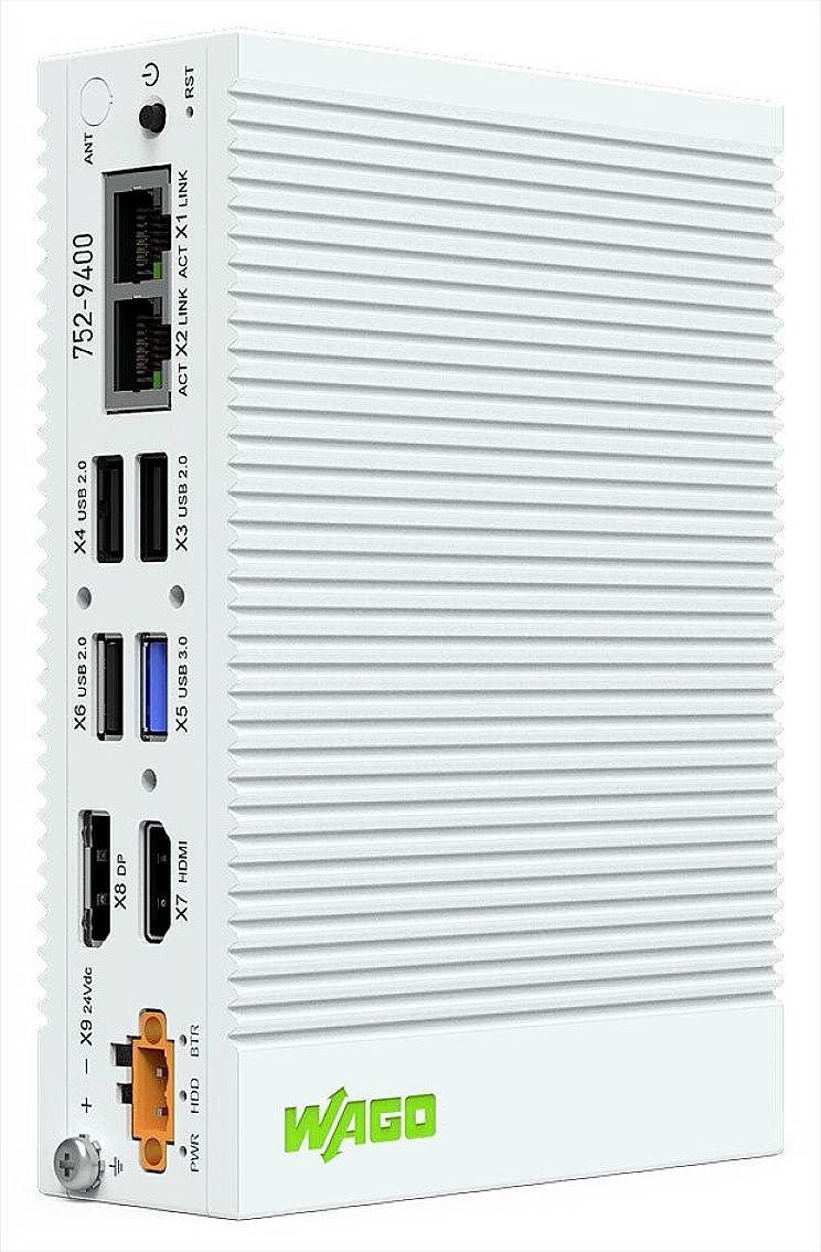 Industriële pc met verschillende aansluitingen aan de zijkant, waaronder USB, HDMI en netwerkkabelaansluitingen. Apparaat van het merk WAGO.