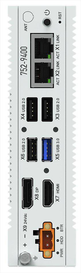Industrieel apparaat met talrijke interfaces: Ethernet-poorten, USB-poorten, HDMI-uitgang, antenne, reset-knop en stroomaansluiting.