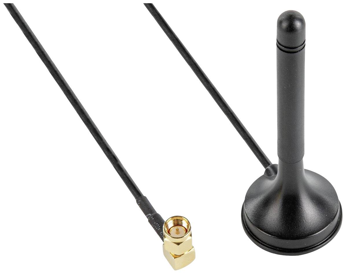 Kleine zwarte antenne met magnetische voet en goudkleurige coaxiale stekker. Geschikt voor WiFi- of mobiele signaalsversterking.