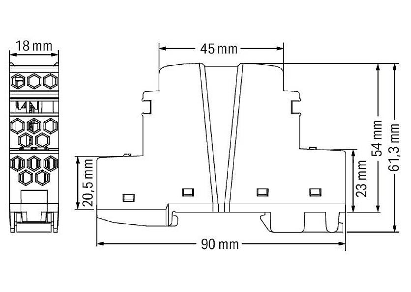 Technische tekening van een elektrisch relais met de afmetingen: 18 mm breedte, 45 mm hoogte, 90 mm lengte. Zij- en vooraanzicht weergegeven.