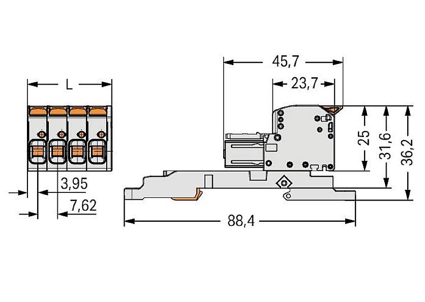Technische tekening van een elektrische stekkerverbinding met nauwkeurige afmetingen in millimeters. Links vier ingangen; rechts een totaaloverzicht.