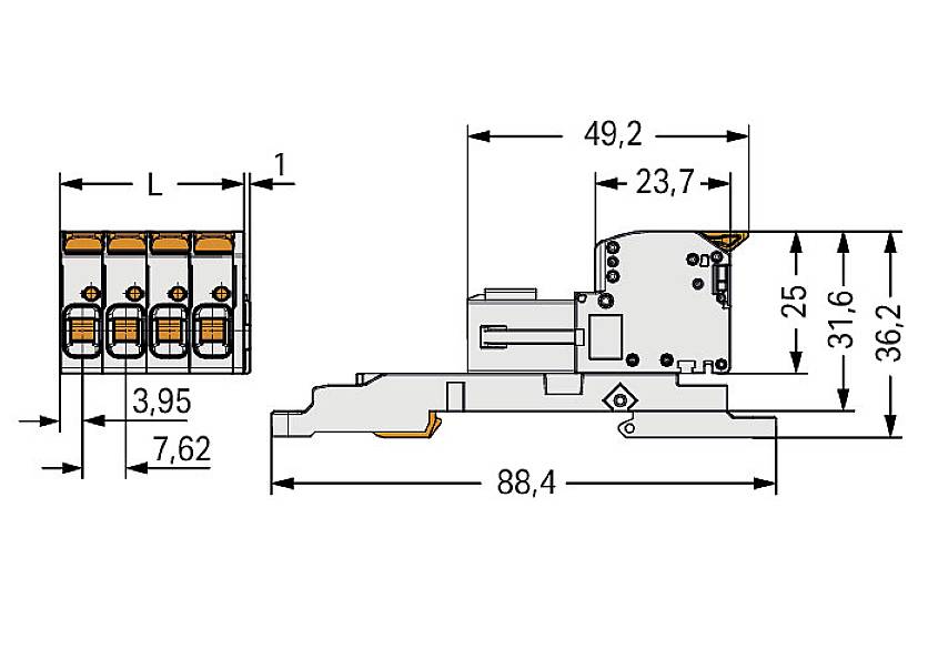 Technische tekening van een aansluitstekker met afmetingen: breedte 49,2 mm, hoogte 36,2 mm, lengte 88,4 mm. Gedetailleerde symbolen en maten zijn aangegeven.