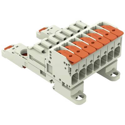 Grijs-oranje elektrische connector met meerdere aansluitingen, typisch gebruikt voor bekabeling in elektrische installaties.