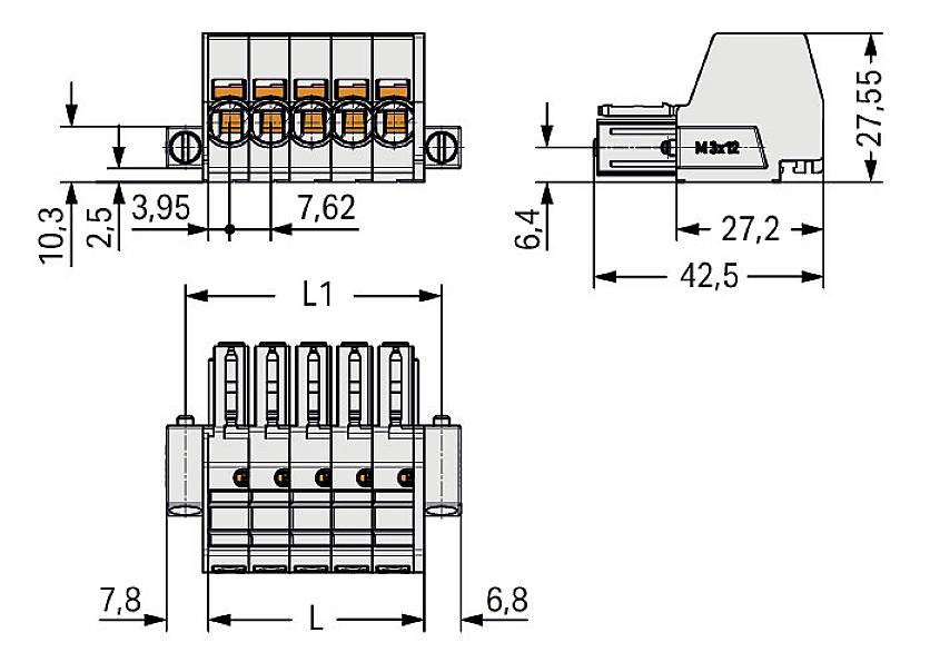 Technische tekening van een elektrische aansluitklem met afmetingen: breedte 7,62 mm, hoogte 27,55 mm, lengte 42,5 mm.