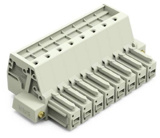 Een grijs, modulair stekkersysteem met meerdere aansluitblokken voor elektrische bekabeling.