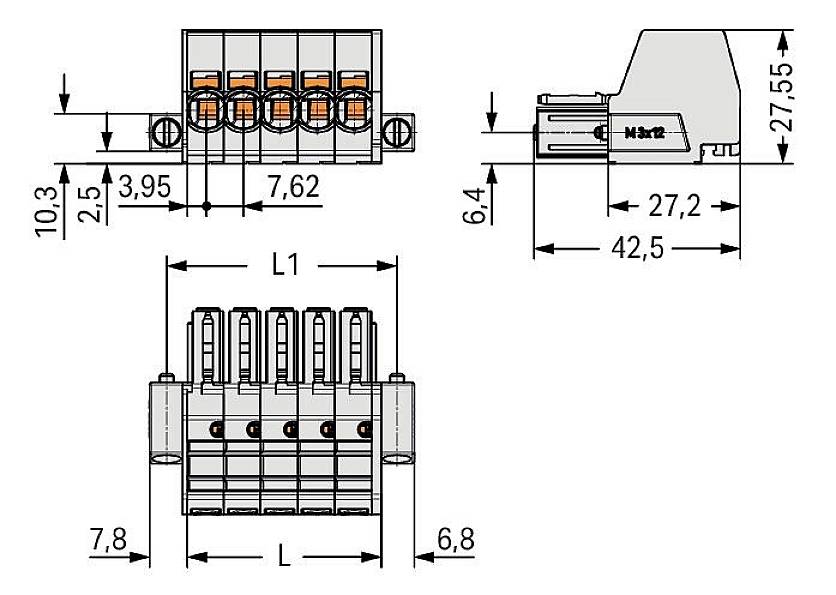 Technische tekening van een stekkerverbinding met afmetingen. Boven: bovenaanzicht, onder: vooraanzicht, rechts: zijaanzicht. Maten in millimeters.