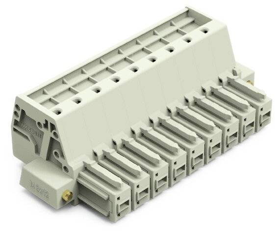 Een stekkerverbinding met 12 aansluitingen, rechthoekig, beige. Hij heeft zijdelingse schroefverbindingen en is bedoeld voor elektrische aansluiting.