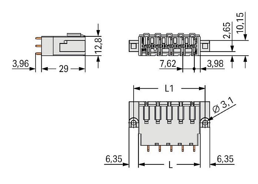 'Afbeelding toont technische tekening van een steekverbinder met maatgegevens in millimeters. Zijaanzicht en bovenaanzicht zijn weergegeven.'