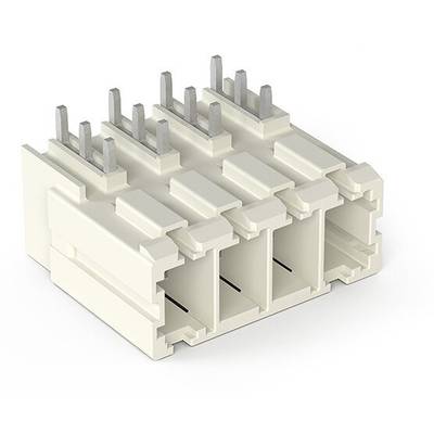 Een witte, multipolaire elektrische connector met metalen pinnen, geschikt voor technische apparatuur.