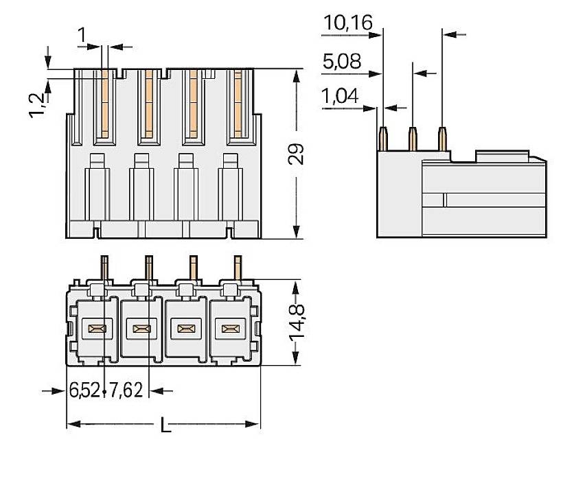 Steekeraansluitingsdiagram: voor-, zij- en bovenaanzicht, maten in millimeters. Hoofdafmetingen: hoogte 29, breedte 10,16, diepte 14,8.