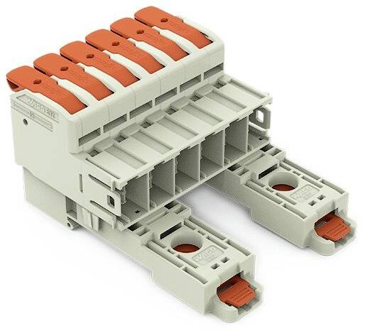 Een grijze, multipolaire stekker met oranje hefbomen, geschikt voor elektrische verbindingen in industriële toepassingen.