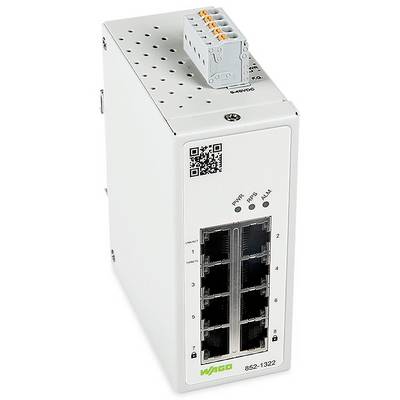 Een industriële Ethernet-switch met acht RJ45-poorten. Aan de voorzijde bevinden zich status-LED's voor stroom, verbinding en alarm. Bovenaan is een aansluiting voor bekabeling aangebracht.