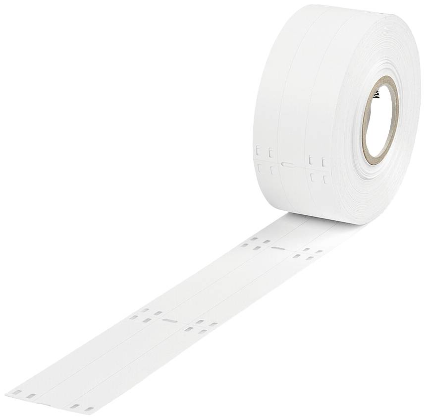 Een rol geperforeerd wit etikettenpapier, aan één kant afgerold, geschikt voor printers of etiketteermachines.