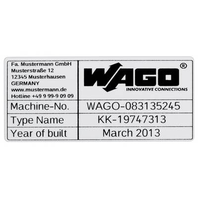 Etiket toont contactgegevens van het bedrijf Mustermann GmbH en details van een apparaat: Machine-nr. 'WAGO-083135245', Type 'KK-19747313', Bouwjaar 'Maart 2013'.