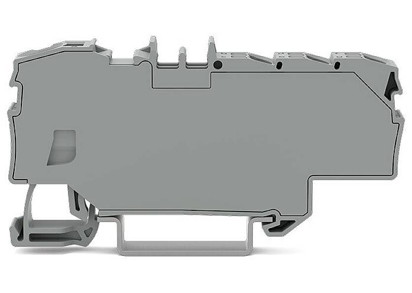 Grijs kunststof behuizing van een elektrisch apparaat, rechthoekig, met meerdere uitsparingen en bevestigingselementen, zijaanzicht.