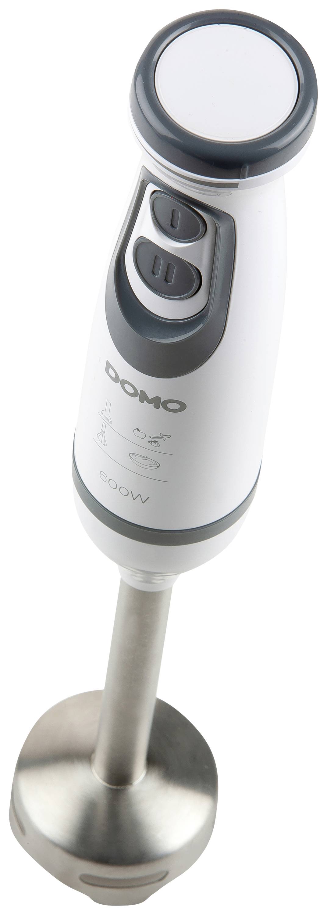 Een witte staafmixer met grijze accenten en twee knoppen, gefotografeerd tegen een witte achtergrond.