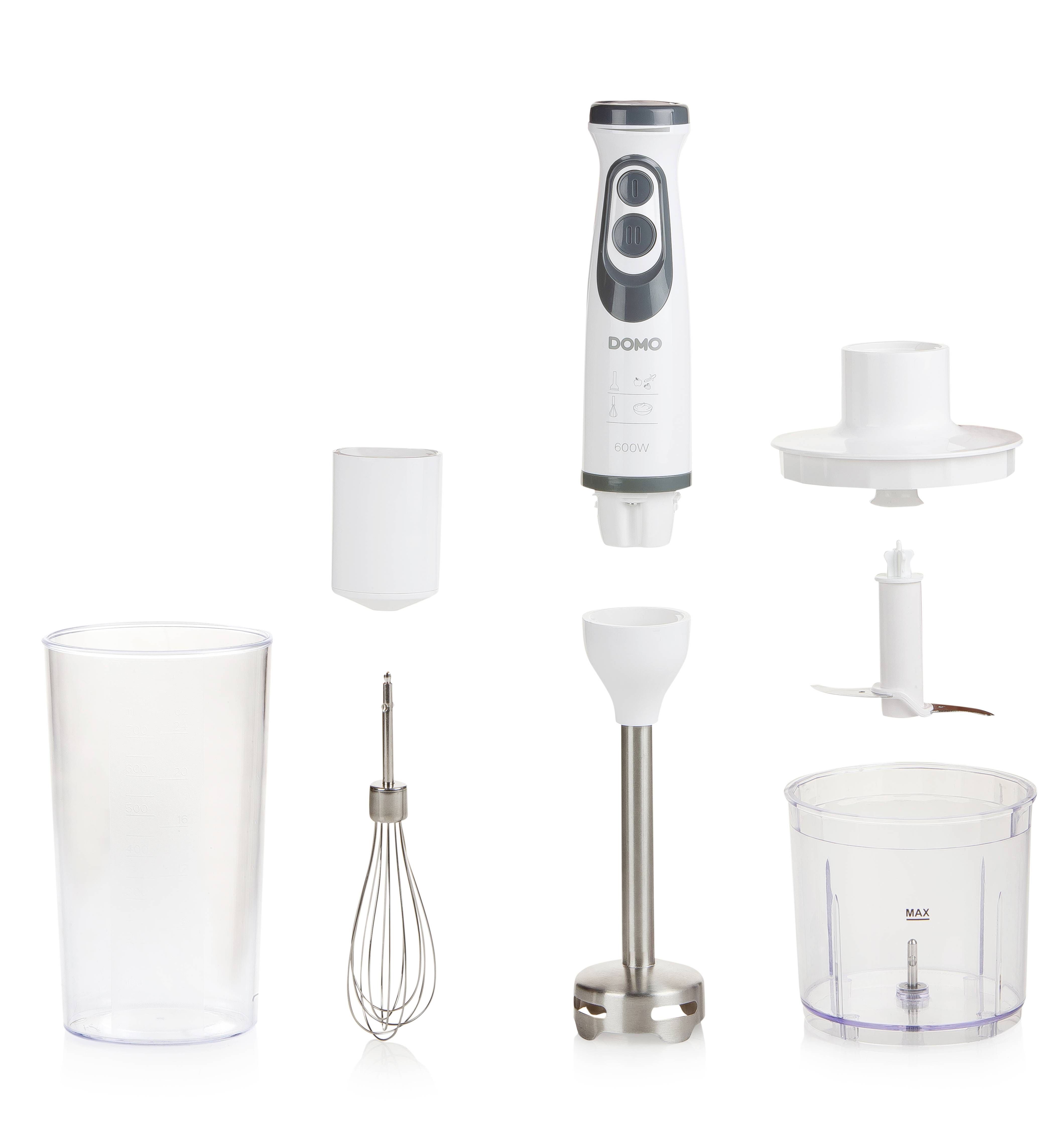 Staafmixer-set met meerdere opzetstukken: staafmixer, klopper, hakmolen-container, grote mengbeker en toebehoren. Ideaal voor pureren, mengen en hakken.