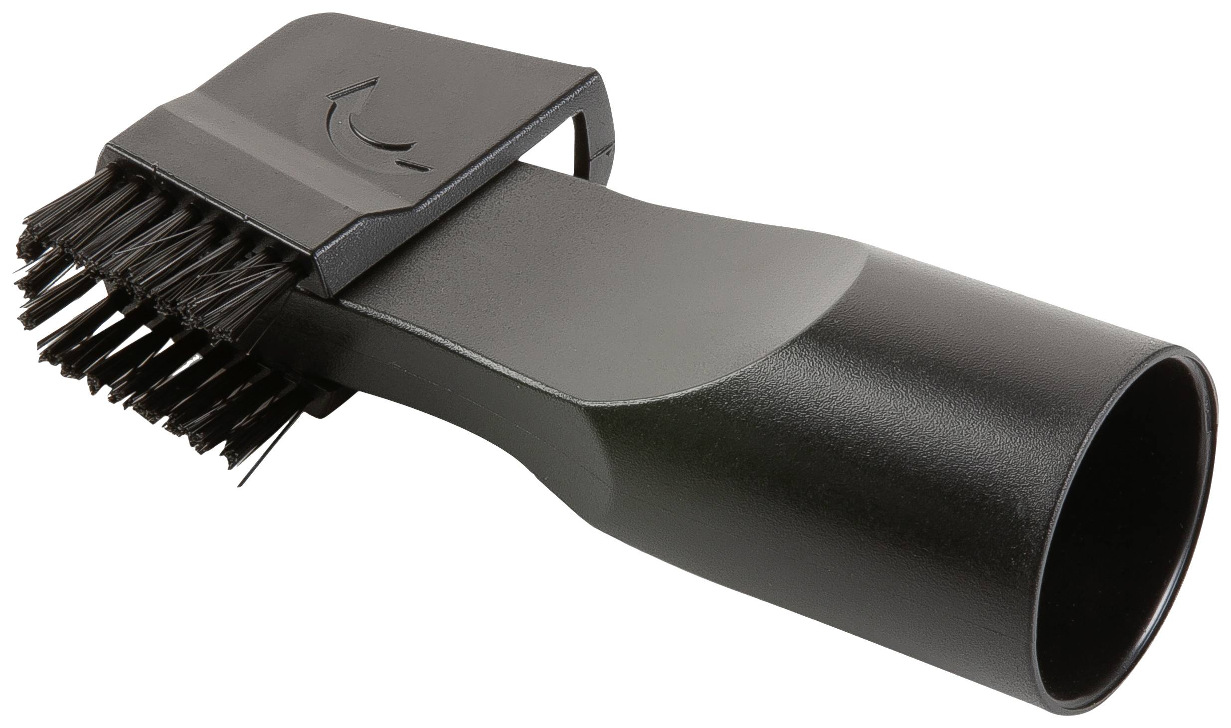 Een zwarte mondstuk met borstels. Wordt vaak gebruikt voor stofzuigers om vuil van oppervlakken te verwijderen.