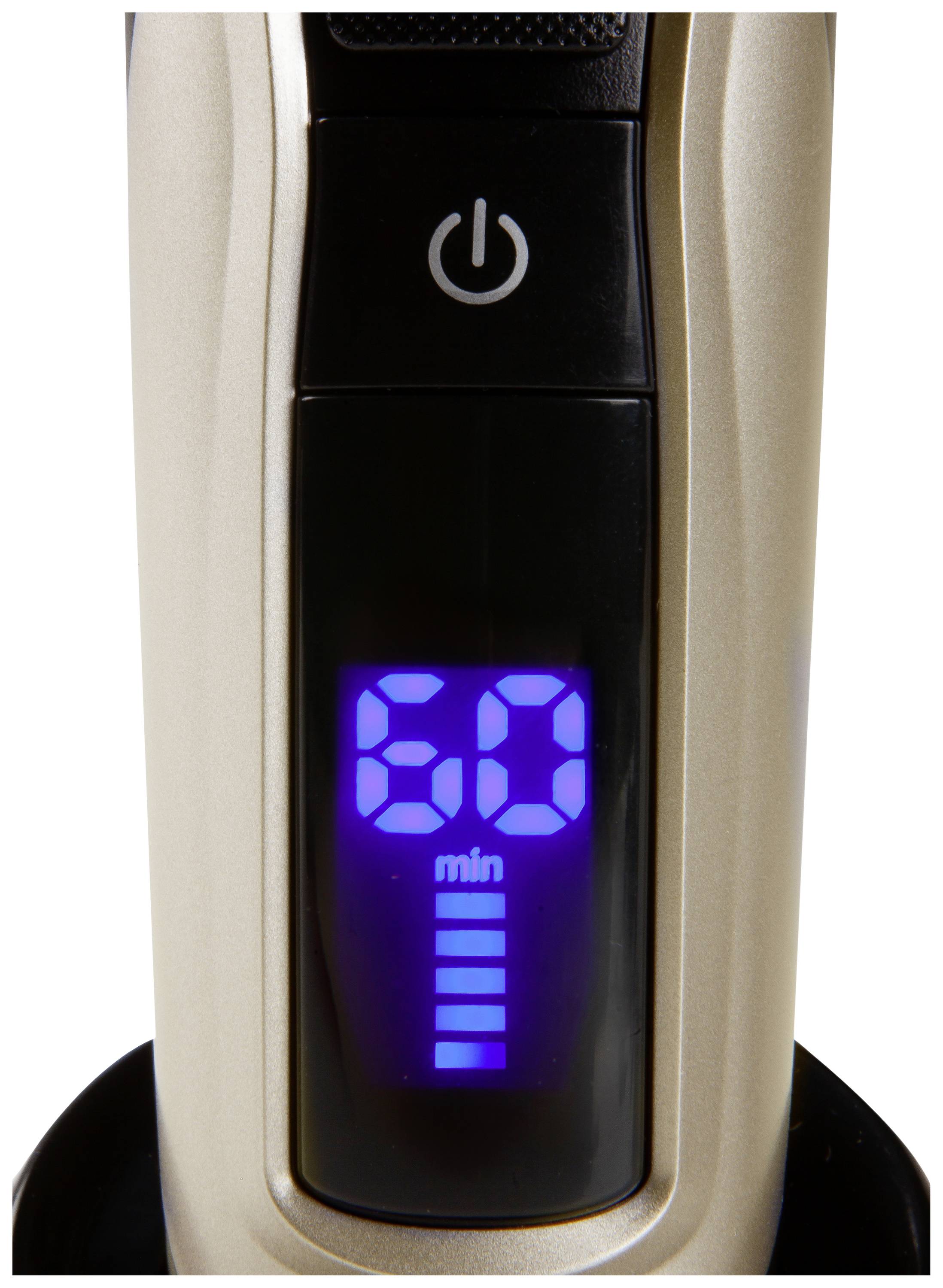 Elektrisch apparaat met een display dat blauw oplicht met '60 min' en een batterij-indicator. Bovenaan bevindt zich een aan-/uitschakelaar.