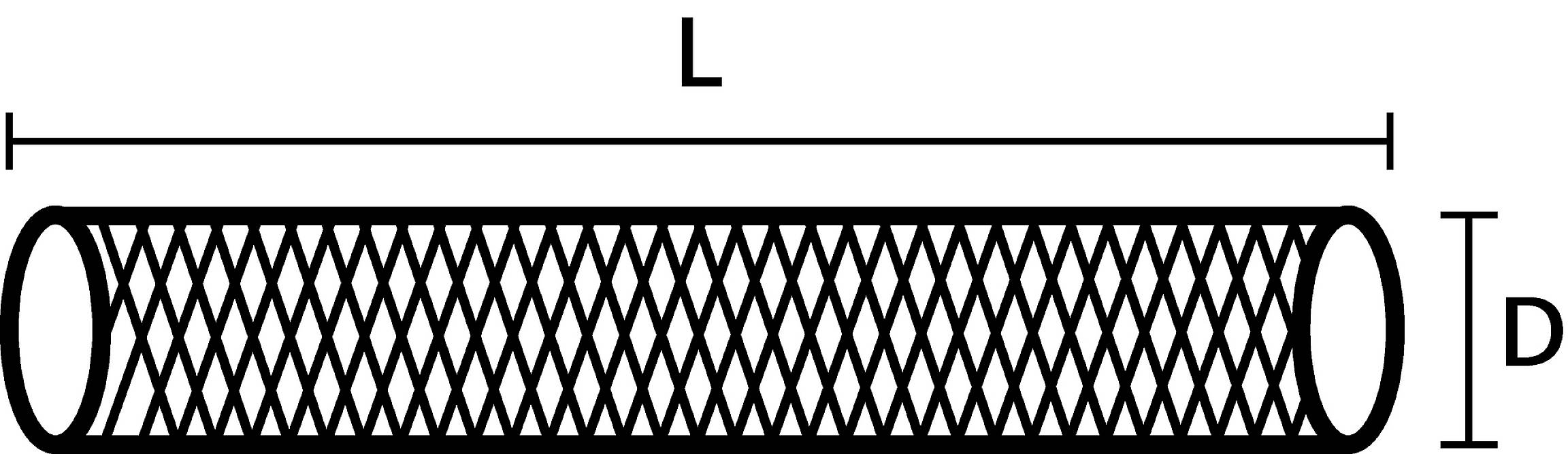 Diagram toont een cilindrische slang met L voor lengte en D voor diameter. De slang heeft een netachtig patroon.