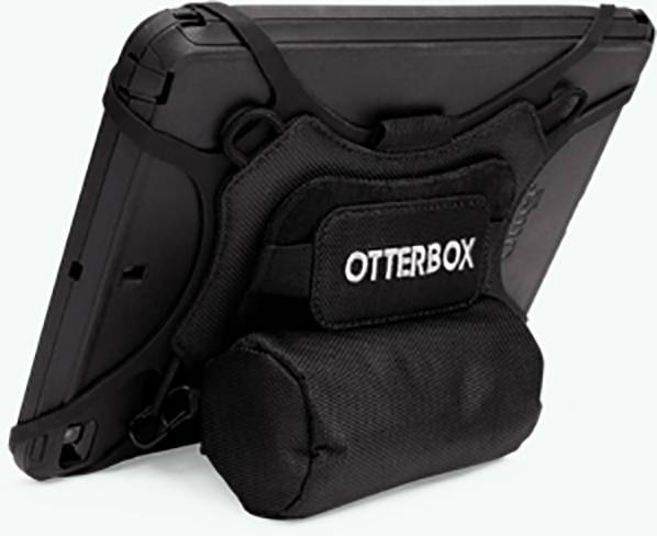 Een tabletbeschermhoes met een zwarte handgreep en een geïntegreerde standaard, waarop het opschrift 'OtterBox' staat.