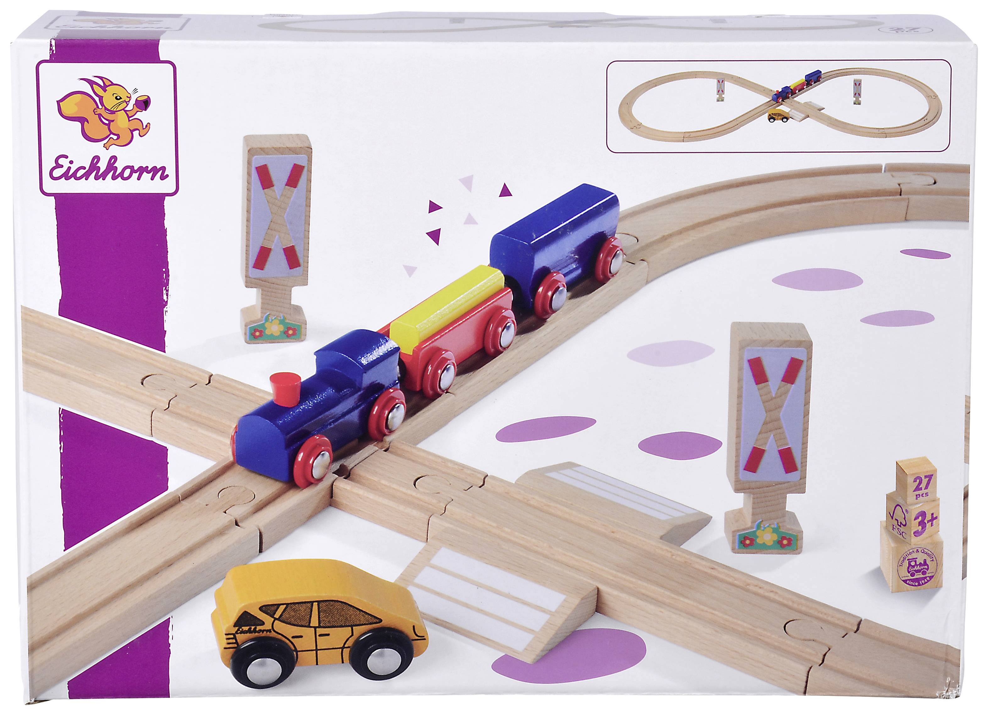 Houten treinset met rails, een kleurrijke locomotief, auto's en verkeersborden. Verpakking toont productopbouw met logo.