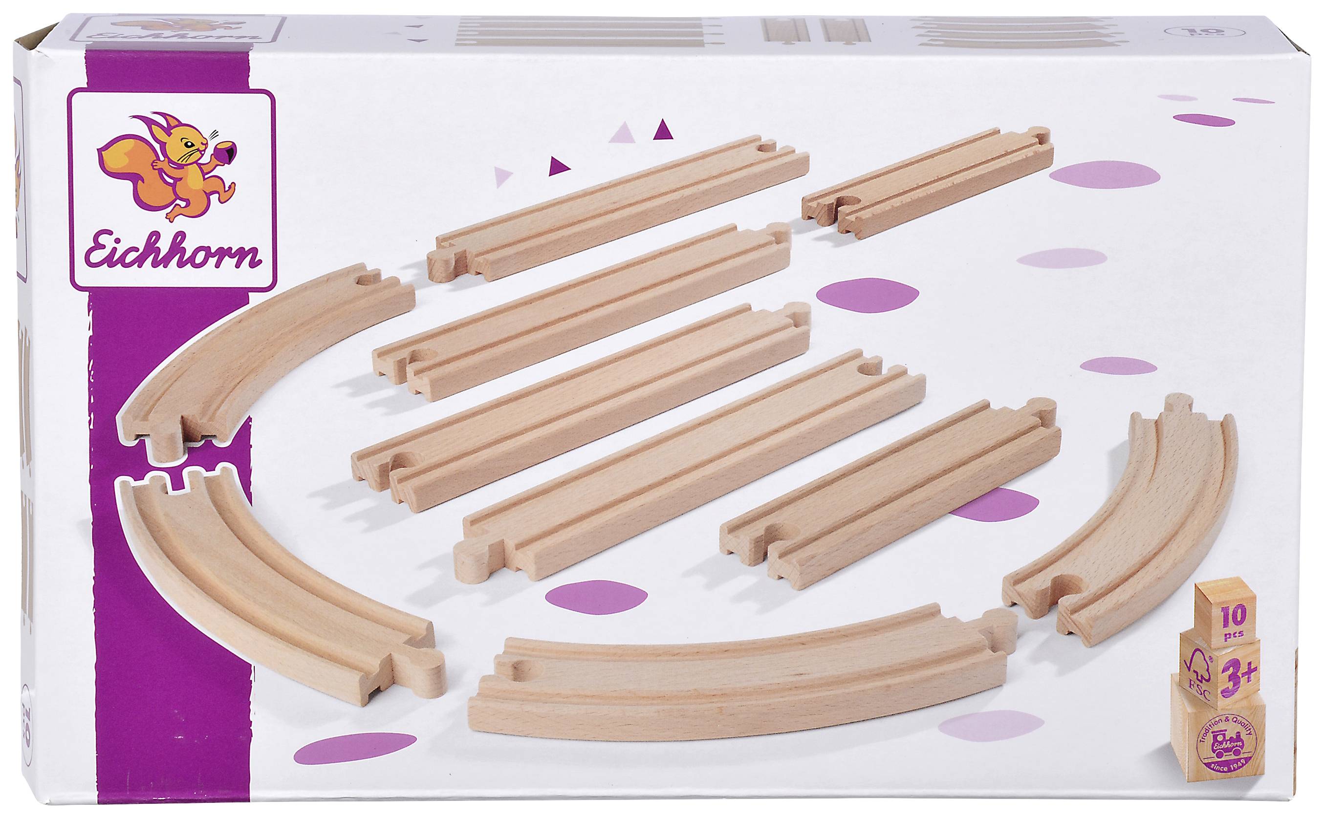 Een speelgoedverpakking met houten treinrails van 'Eichhorn' op een witte achtergrond. Geschikt voor kinderen vanaf 3 jaar.