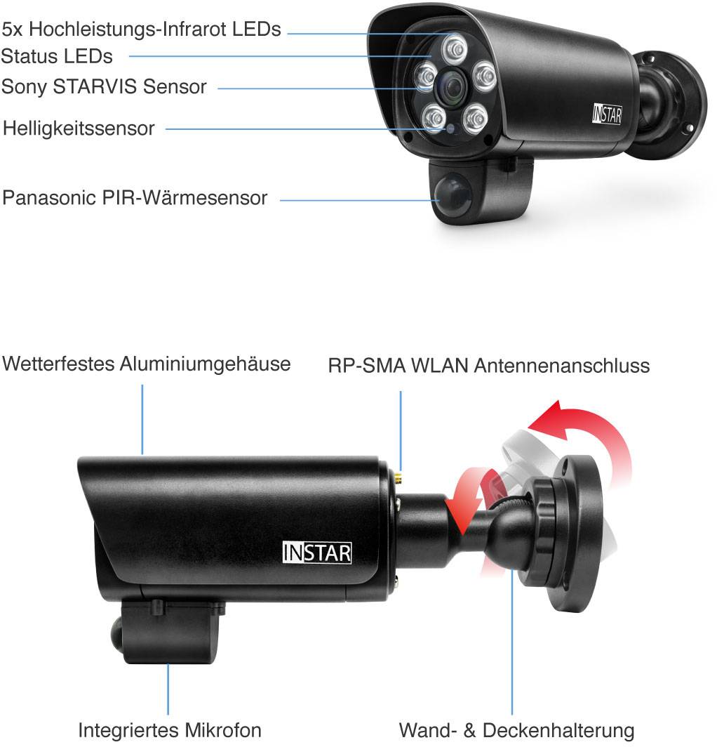 Bewakingscamera met infrarood-led's, Sony-sensor, PIR-warmtesensor, aluminium behuizing, WLAN-antenneaansluiting, microfoon, wandmontagesteun.