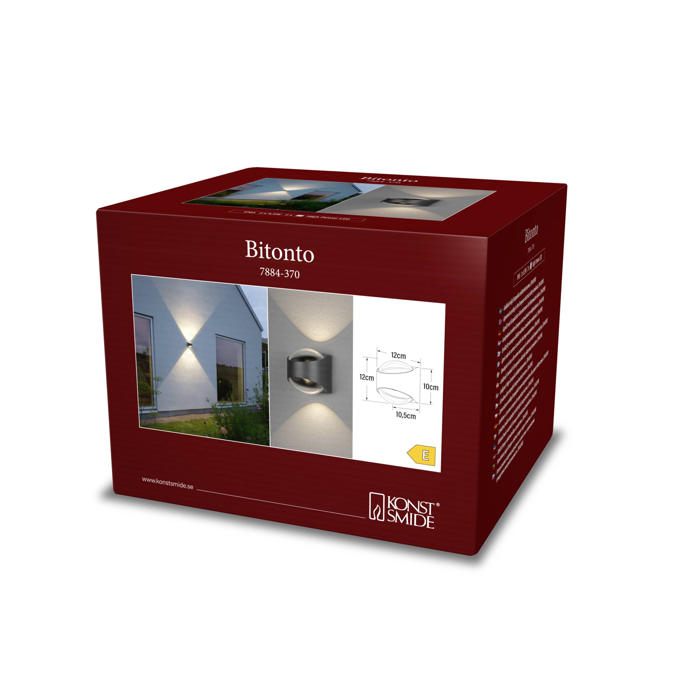 Een productverpakking voor een buitenverlichting. Toont het model 'Bitonto', foto's van de geïnstalleerde lamp en technische tekeningen met afmetingen.