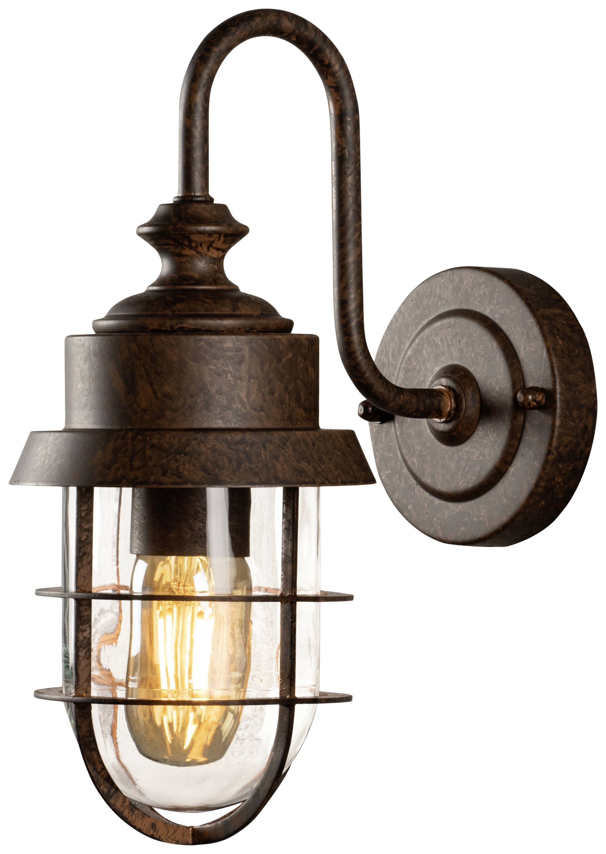 Wandlamp in vintage-stijl met bronzen metalen bevestiging en glazen kap, toont een gloeilamp met zichtbaar gloeidraad.